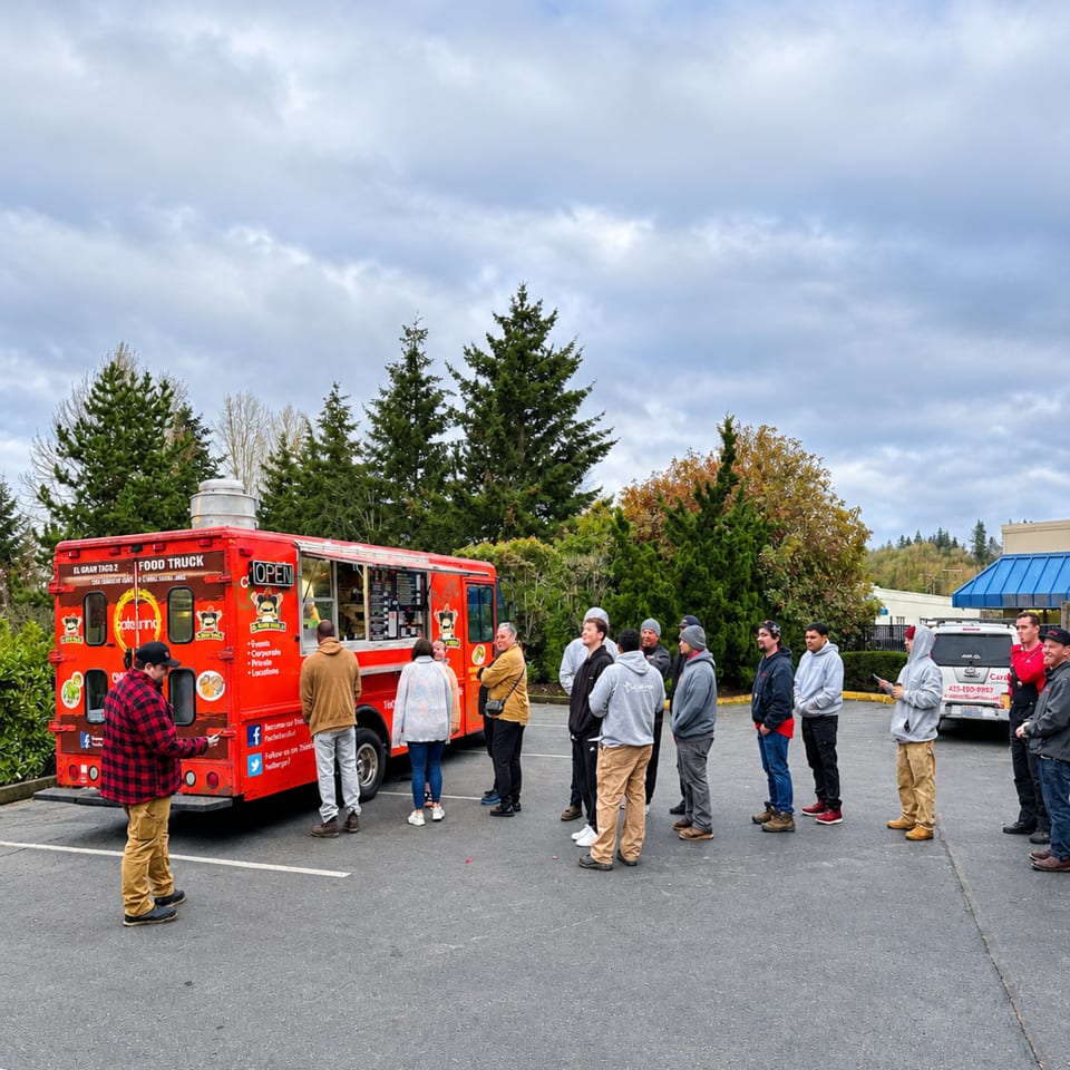 People queue at a bright red food truck in a parking lot beneath a cloudy sky and evergreen trees.